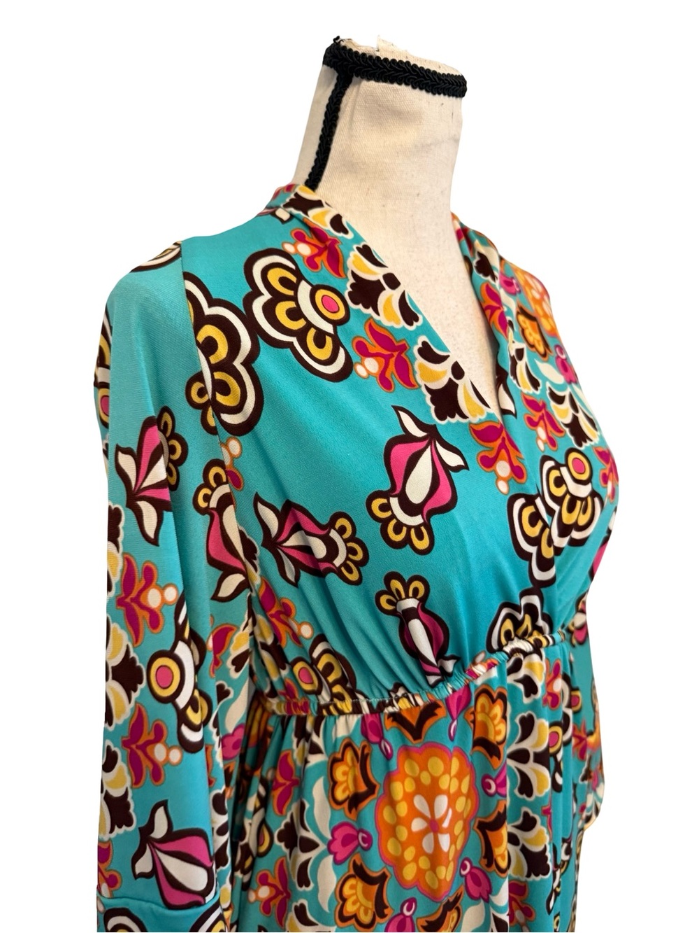 Judith March Boho Empire Waist Midi Dress Large Turquoise Retro Floral Made USA - Picture 2 of 12